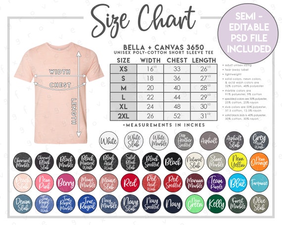Semi-Editable Bella Canvas 3650 Size Color Chart 2 | Etsy