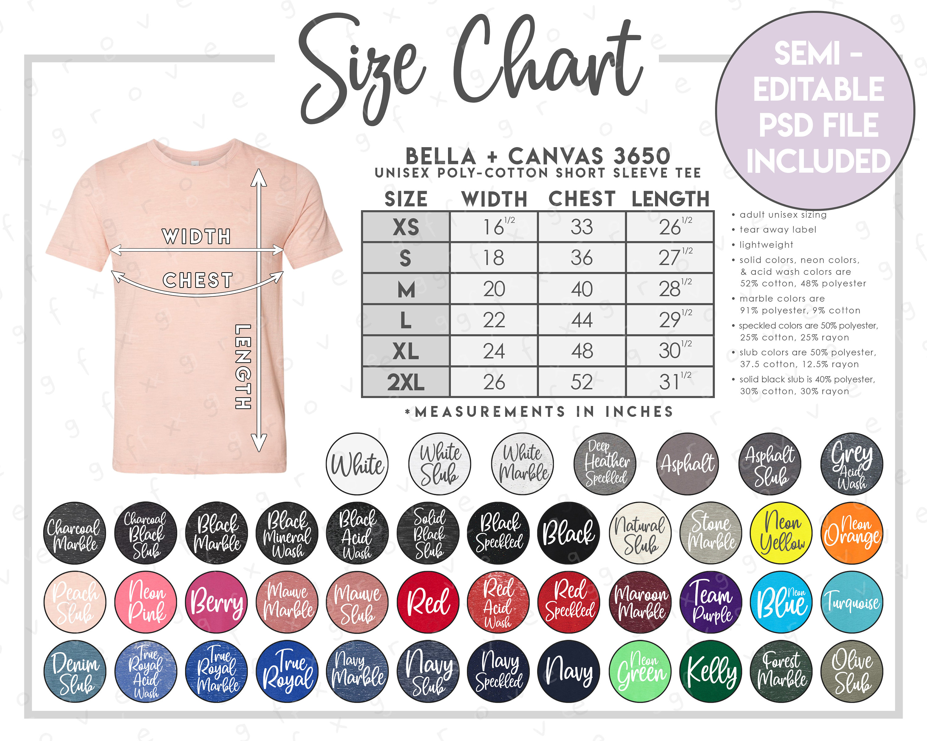 Semi editable Bella Canvas 3650 Size Color Chart 2 Versions Included With Without Branding Bella Canvas Poly cotton T shirt Etsy