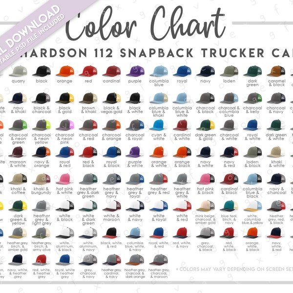 Semi-Editable Richardson 112 Color Chart • Richardson Snapback Trucker Cap Color Chart • Richardson Trucker Hat Color Guide