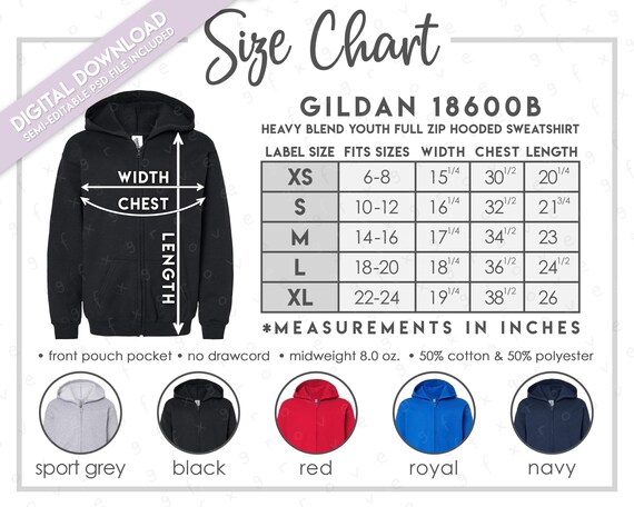 Semi-editable Gildan 18600B Size Chart + Color Chart • Gildan