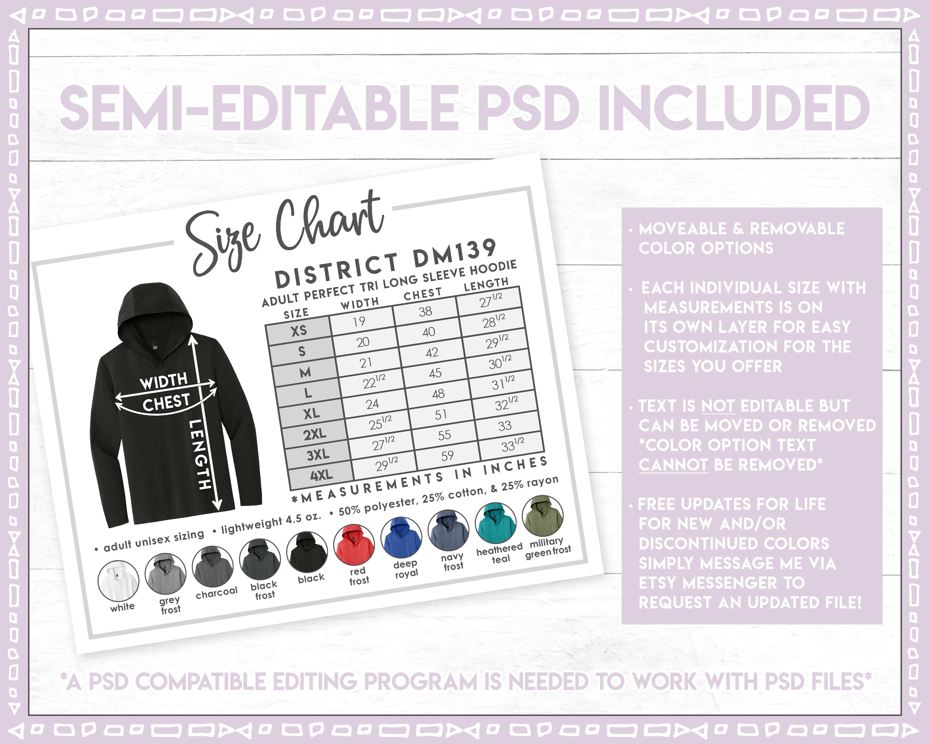 Semi-editable District DM139 Size + Color Chart • District Perfect