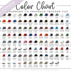 May include: A digital color chart for Richardson 112 snapback trucker caps, displaying a grid of numerous color combinations with text labels for each. The chart includes a diagonal banner stating Digital Download and Semi-Editable PSD File Included.