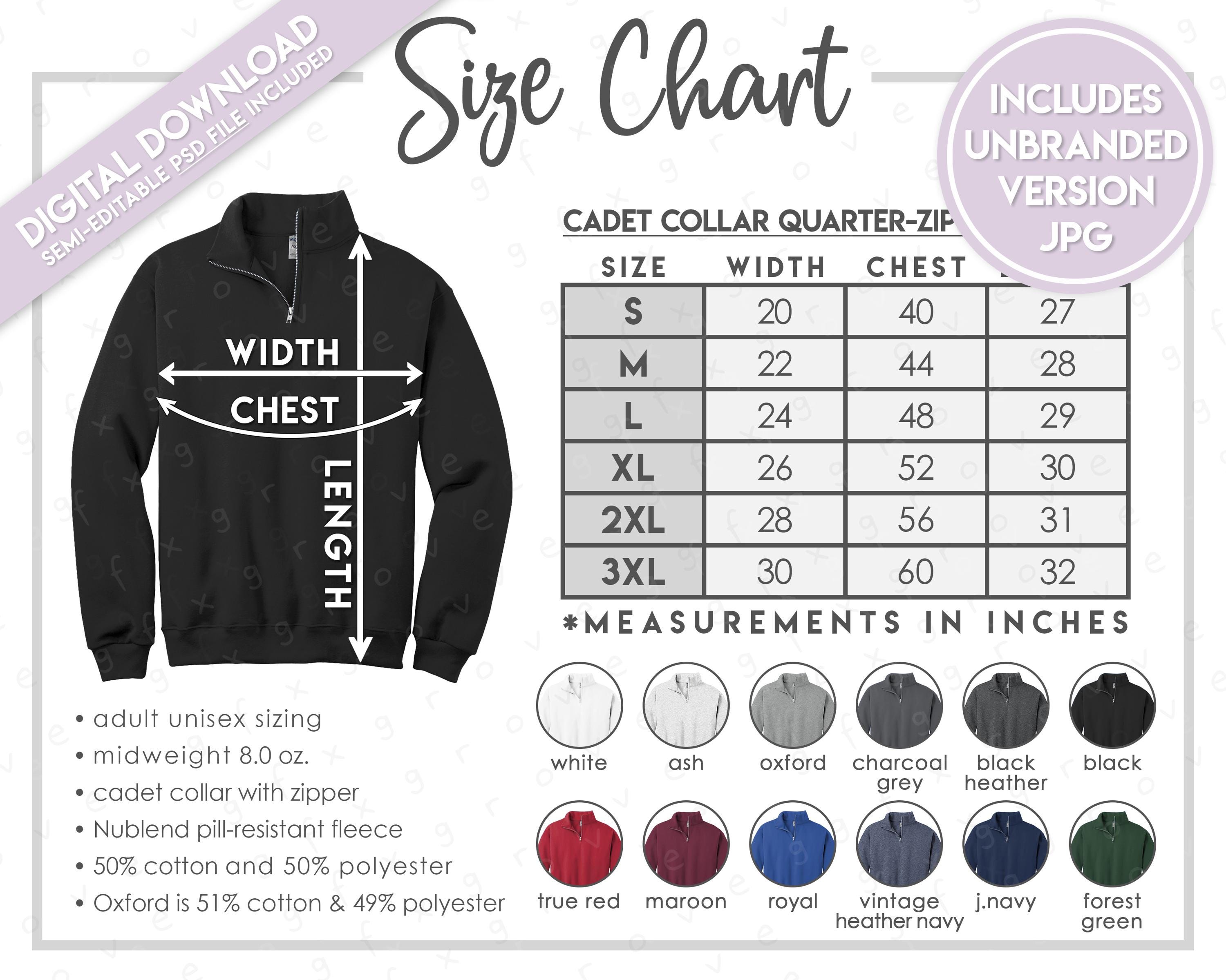 Semi-editable Jerzees 995MR Size + Color Chart • Jerzees