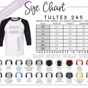 Delvis redigerbar Tultex 245 storlek + färgkarta • Tultex unisex fin jersey 3/4-ärmad raglan t-shirt storlekstabell • 245tc storlekstabell