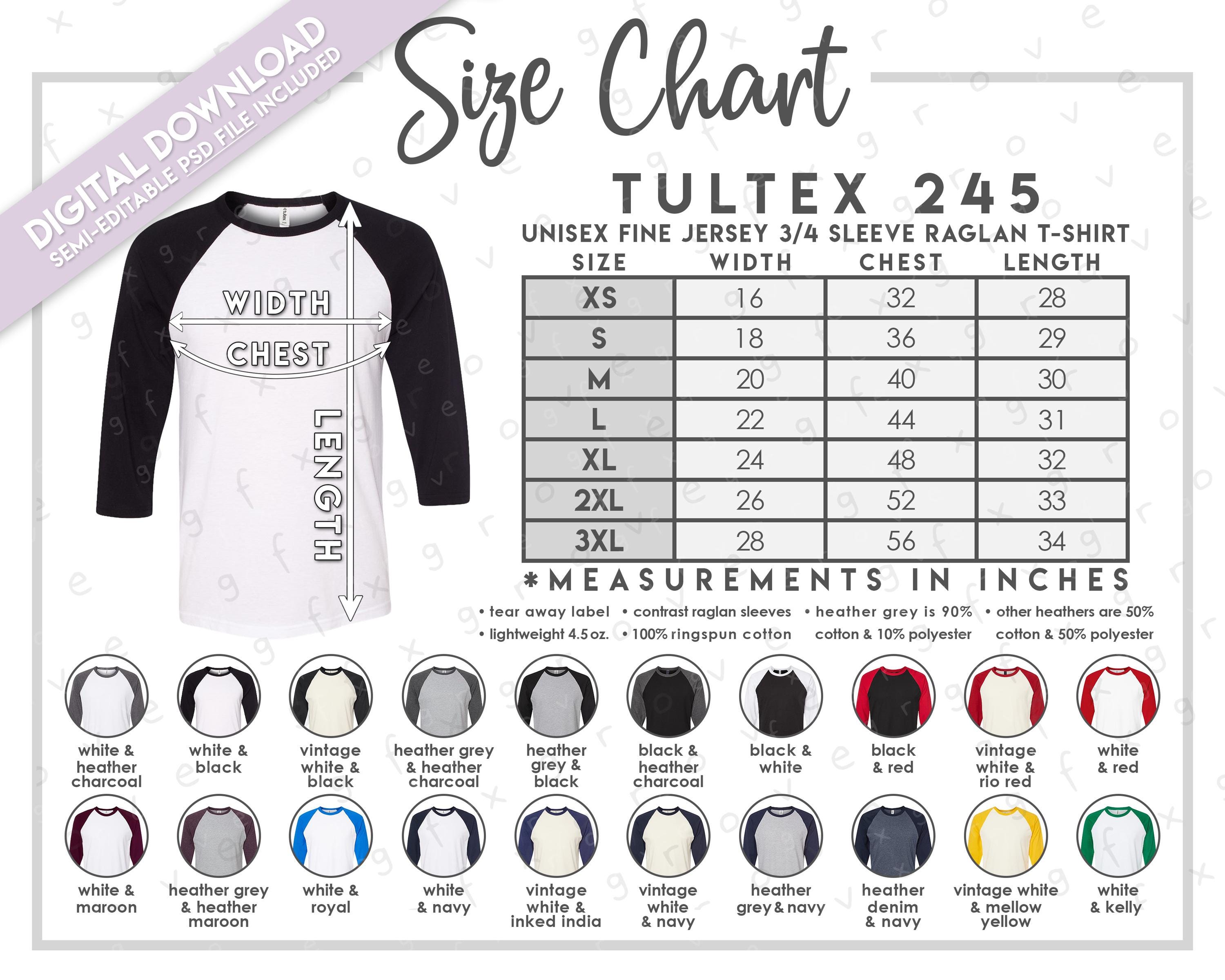 Semi-editable Tultex 245 Size + Color Chart • Tultex Unisex Fine