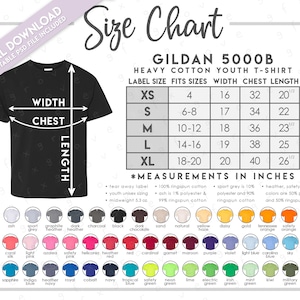 Halb bearbeitbare G500B-Größentabelle + Farbkarte • Größentabelle für schwere Baumwolljugend T-Shirts • 5000B T-Shirt-Farbtabelle • G500B