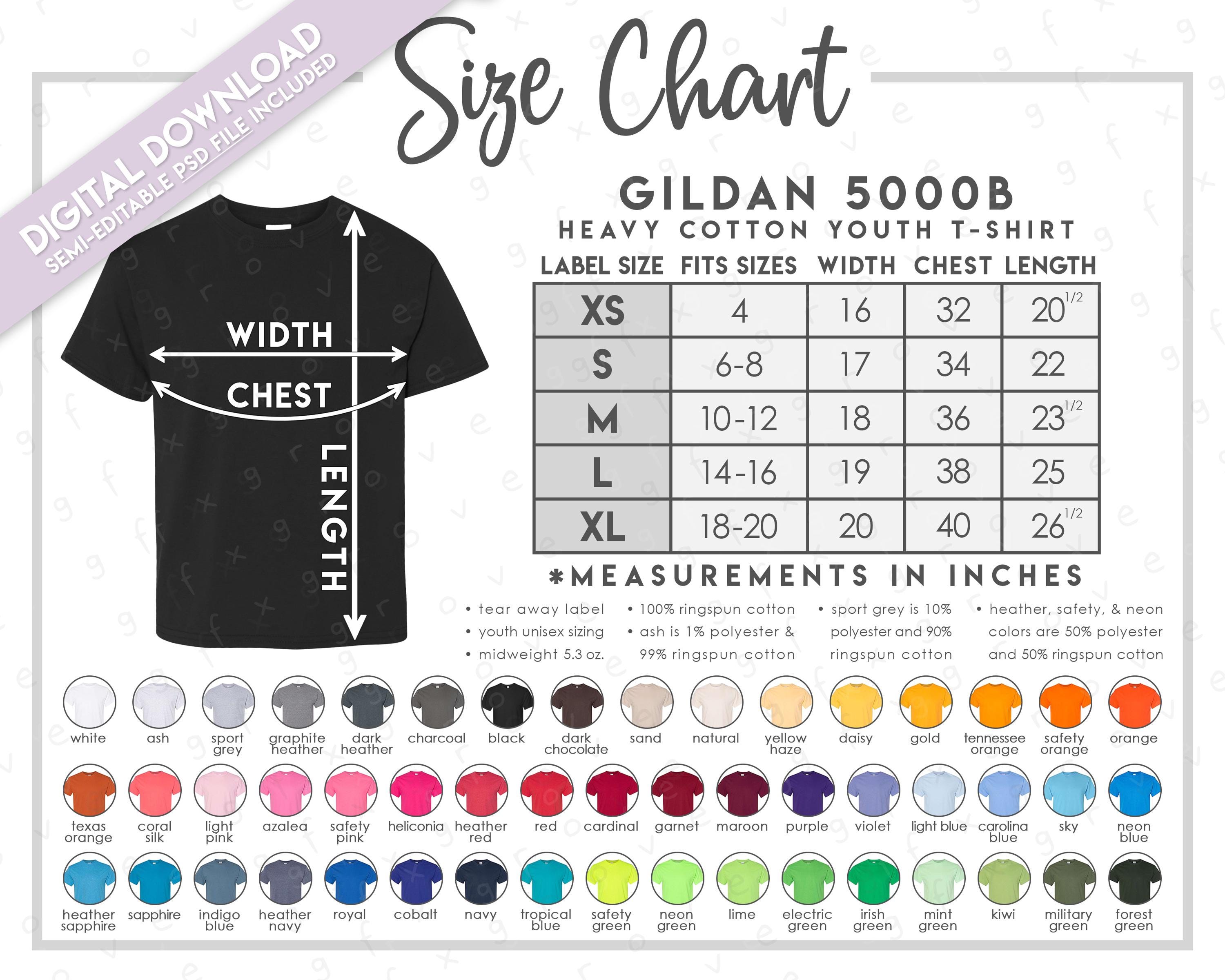 Semi Editable G500B Size Chart + Color Chart • Heavy Cotton Youth T-Shirt Size Chart • 5000B T-Shirt Color Chart • G500B