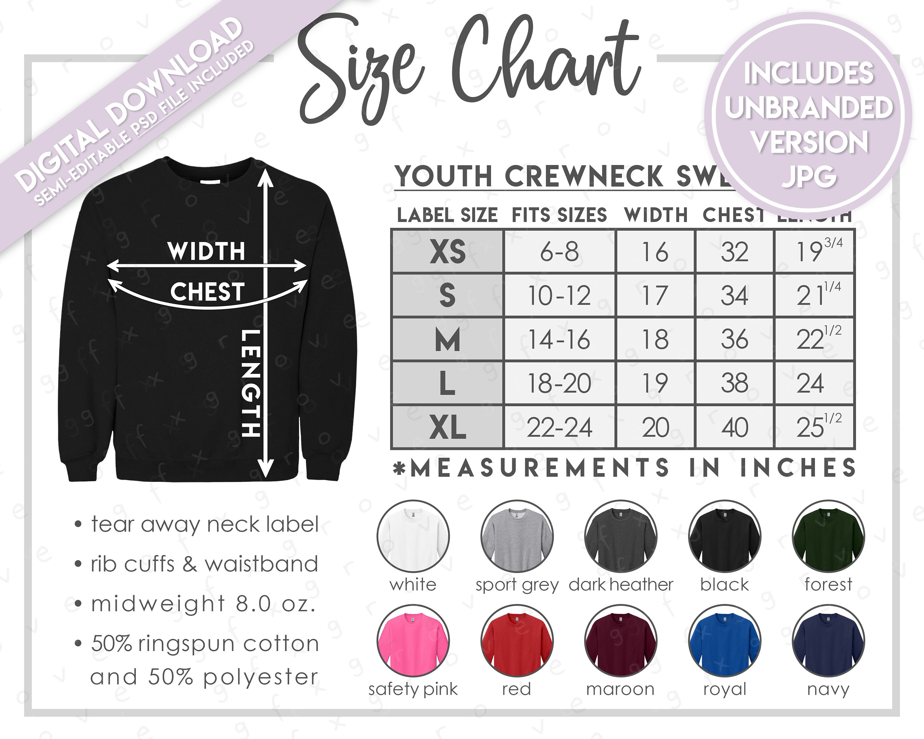 Semi-editable Gildan 18000B Size Chart + Color Chart