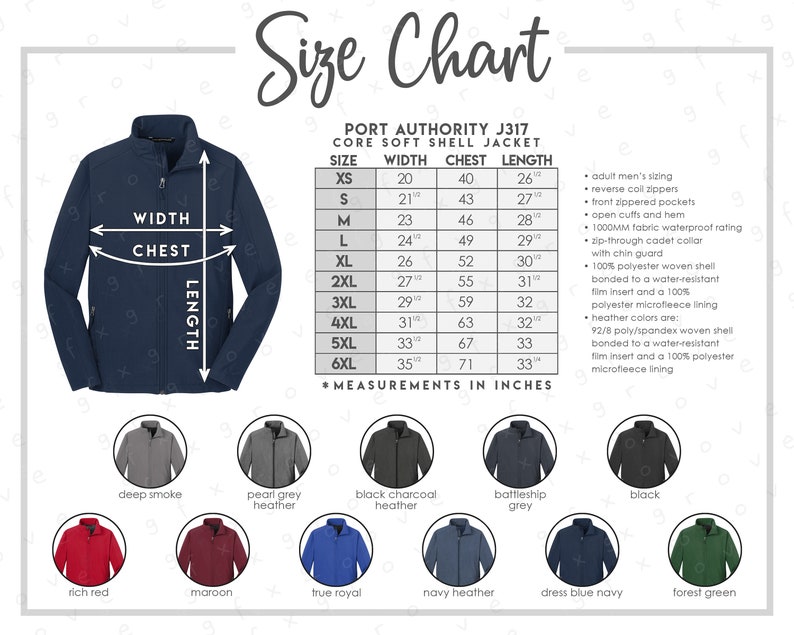 Port Authority J317 Size Color Chart Port Authority Core | Etsy