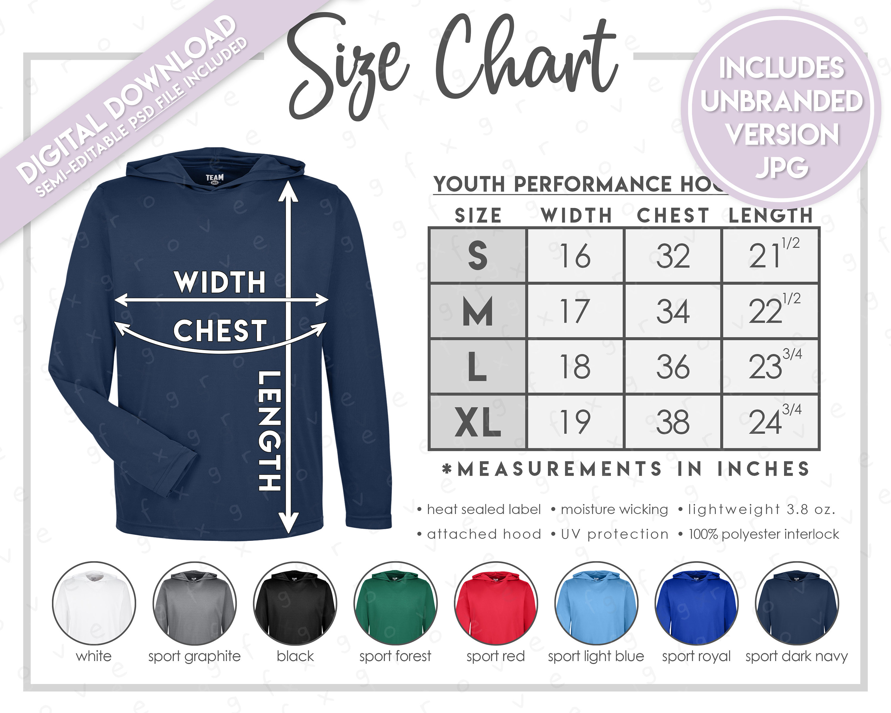Semi-editable Team 365 TT41Y Size + Color Chart • Team 365 Youth