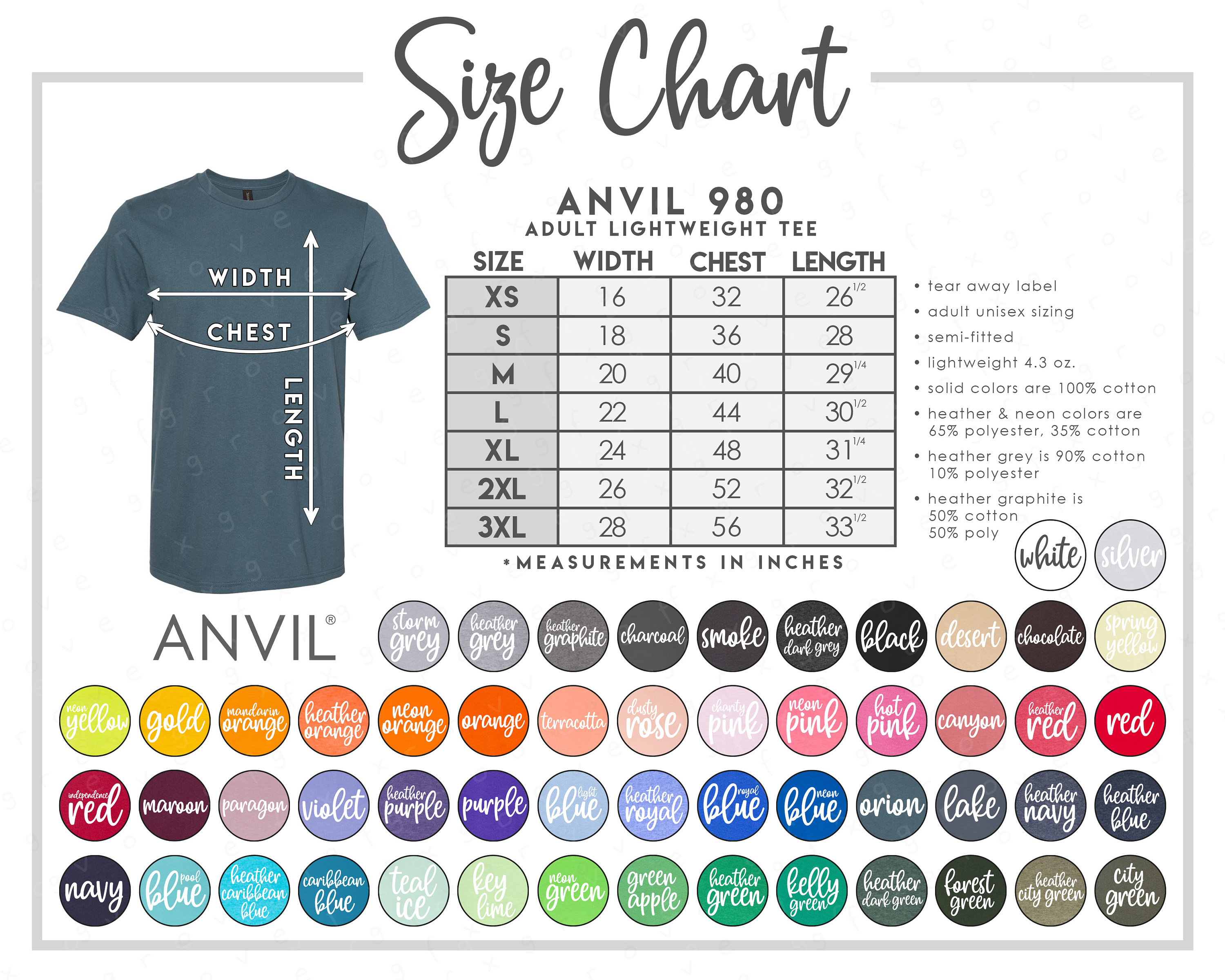 Anvil 980 Size Color Chart 54 COLORS Updated 2021 | Etsy
