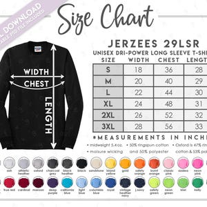 Semi-editable Jerzees 29LSR Size + Color Chart • Jerzees Dri Power