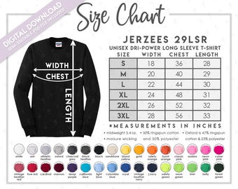 Semi-Editable Jerzees 29LSR Size + Color Chart • Jerzees Dri Power Long Sleeve T-Shirt Size Chart • Jerzees 29LSR Color Chart