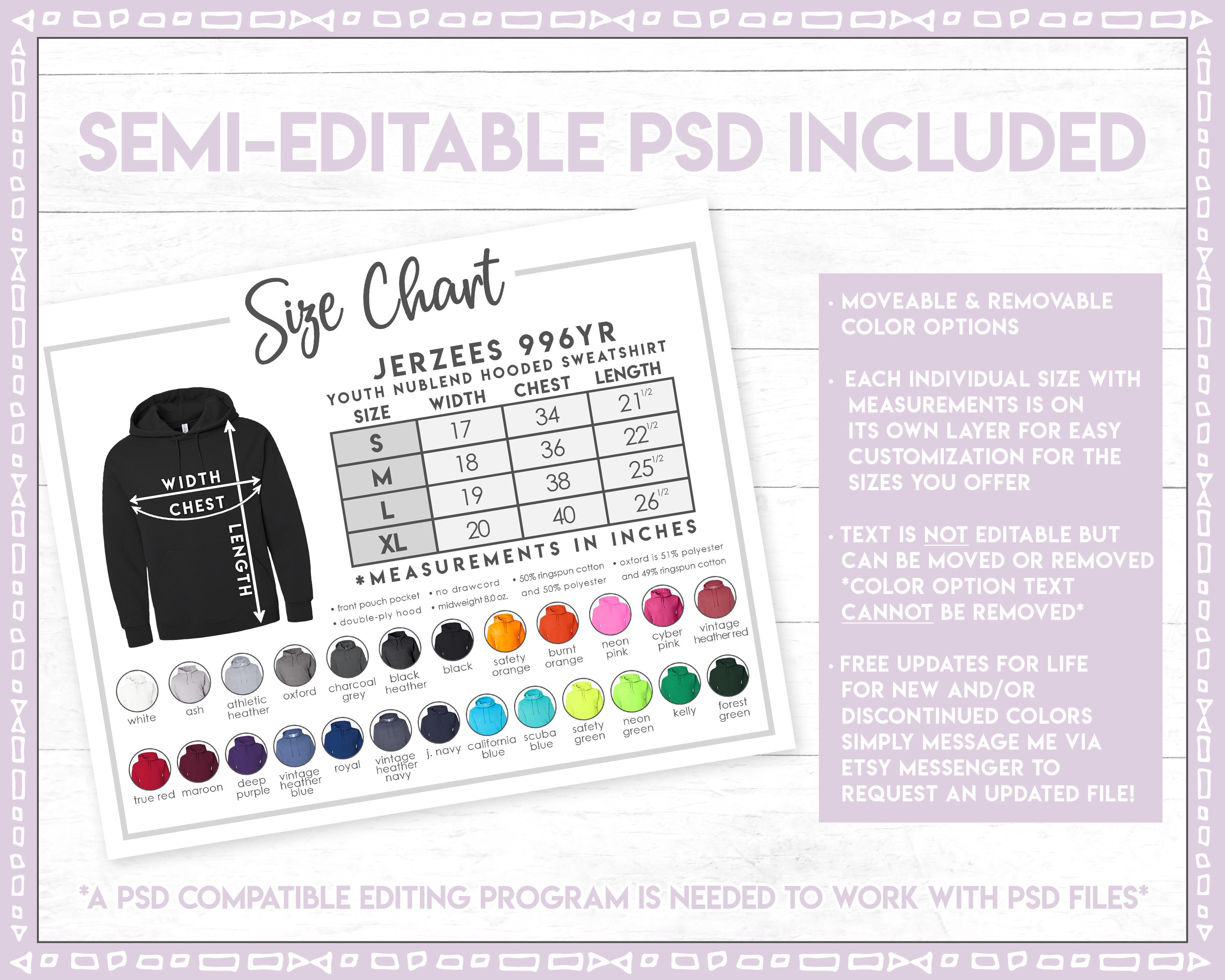 Semi-editable Jerzees 996YR Size + Color Chart • Jerzees Youth