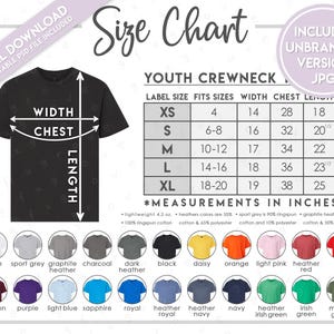 K&ouml;nnte beinhalten: Eine Gr&ouml;&szlig;entabelle f&uuml;r Jugend-T-Shirts mit Rundhalsausschnitt, die ein schwarzes T-Shirt mit wei&szlig;en Pfeilen f&uuml;r Breiten-, Brust- und L&auml;ngenma&szlig;e zeigt. Eine Tabelle listet die Gr&ouml;&szlig;en XS bis XL mit Ma&szlig;en in Zoll sowie eine Farbpalette auf.