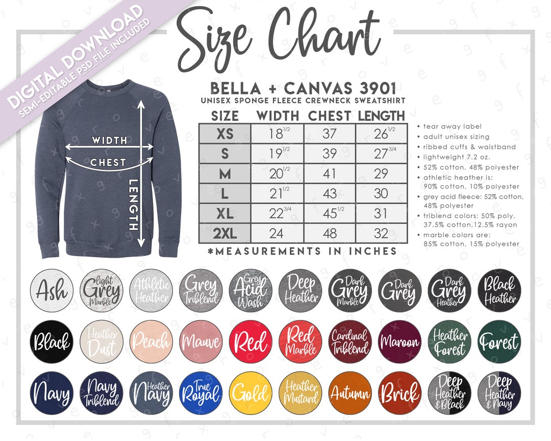 Semi-editable Bella Canvas 3901 Size Color Chart Bella - Etsy