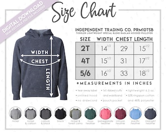 Semi-Editable Independent Trading Co. PRM10TSB Size + Color Chart • Independent Trading Company Toddler Hoodie Size Chart • PRM 10TSB