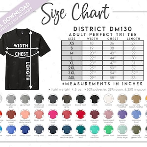 Puede incluir: Tabla de tallas para una camiseta District DM130 Adult Perfect Tri Tee. La tabla muestra las medidas en pulgadas para el ancho, el pecho y la longitud para las tallas XS a 4XL. La tabla también incluye una tabla de colores con 36 opciones de colores diferentes para la camiseta.