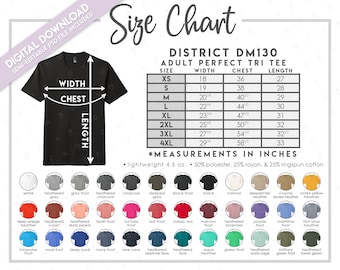 Semi-Editable District DM130 Size + Color Chart • District Perfect Tri Tee Size Chart • District Perfect Tri Tee Color Chart • DM130 Colors