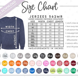 Semi-Editable Jerzees 562MR Size + Color Chart • Jerzees Nublend Sweatshirt Size Chart • Jerzees Sweatshirt Color Chart • Jerzees 562 MR