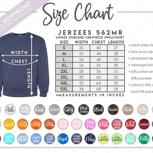 Semi-Editable Jerzees 562MR Size + Color Chart • Jerzees Nublend Sweatshirt Size Chart • Jerzees Sweatshirt Color Chart • Jerzees 562 MR