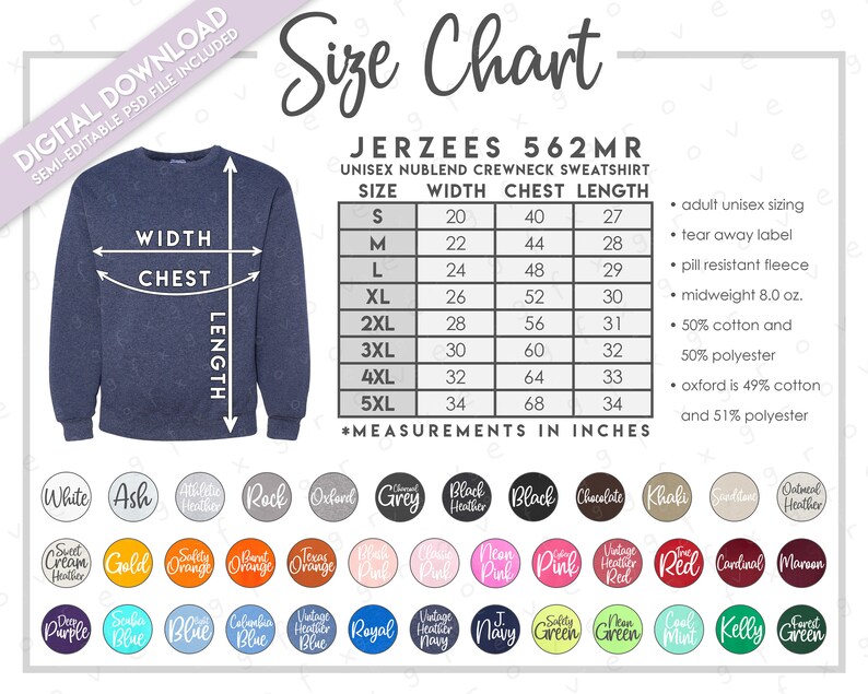 Jerzees 562MR Semi-Editable Taille Nuancier Jerzees Nublend Sweatshirt Size Chart Jerzees Sweatshirt Color Chart Jerzees 562 MR image 1