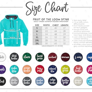 Fruit of the Loom SF76R Size + Color Chart • Fruit of the Loom SofSpun Hooded Sweatshirt Size Chart • SF76R Color Chart