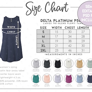 Tabela de tamanhos e cores Delta Platinum P506T semi-editável • Tabela de tamanhos da regata Delta Ladies Tri Blend Flowy • Tabela de tamanhos P506T • Tabela de cores P506T