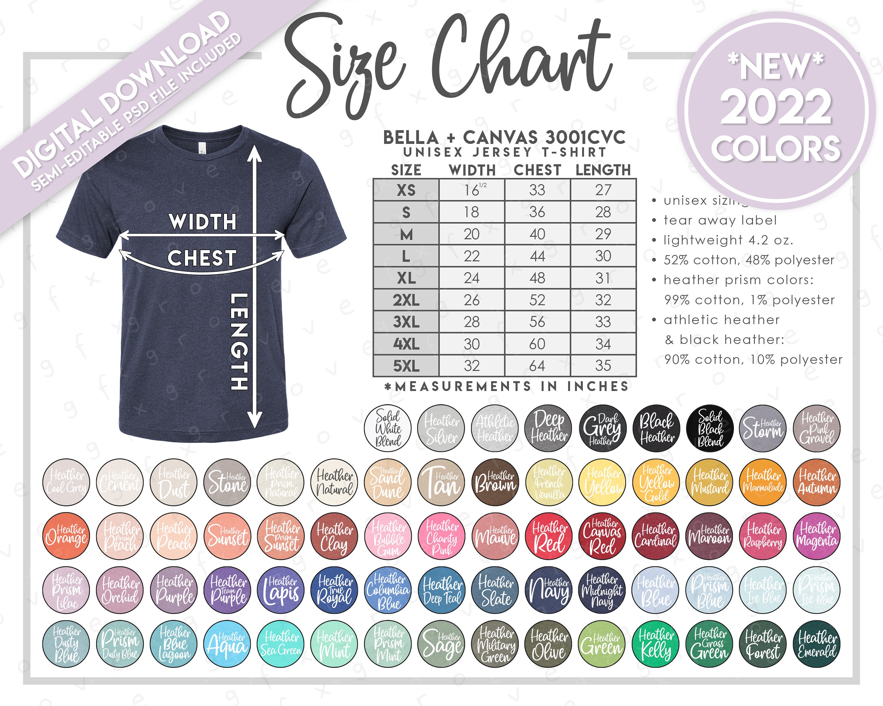 bella 3001cvc size chart