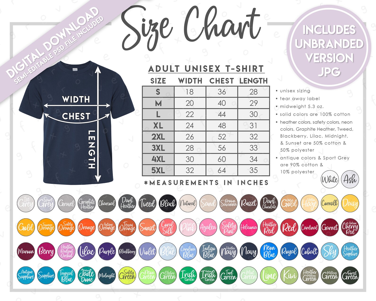 Semi-editable G500 Size Chart Color Chart Heavy Cotton - Etsy