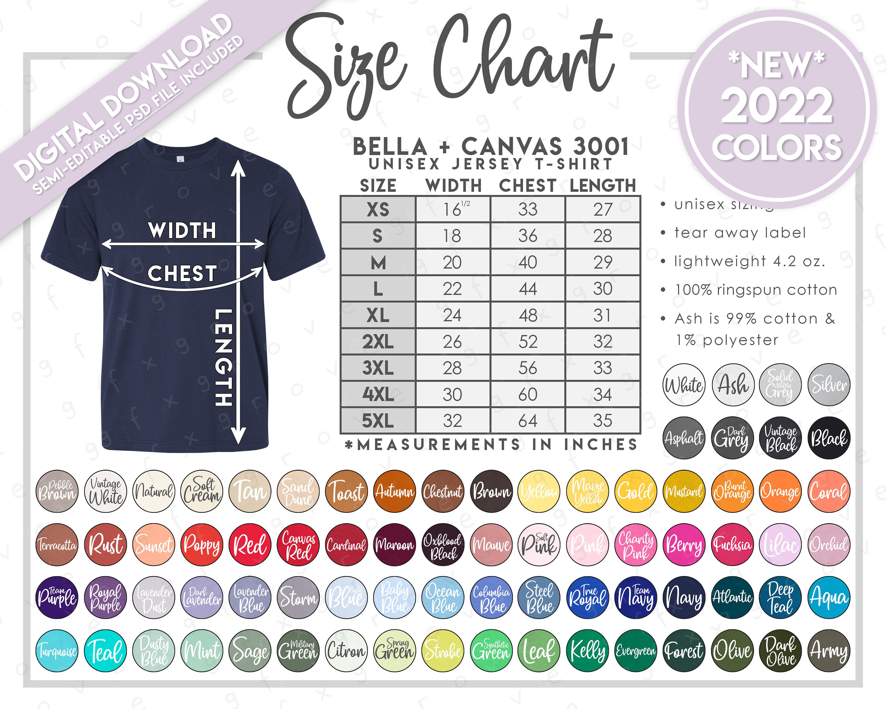 bella canvas 3001cvc size chart
