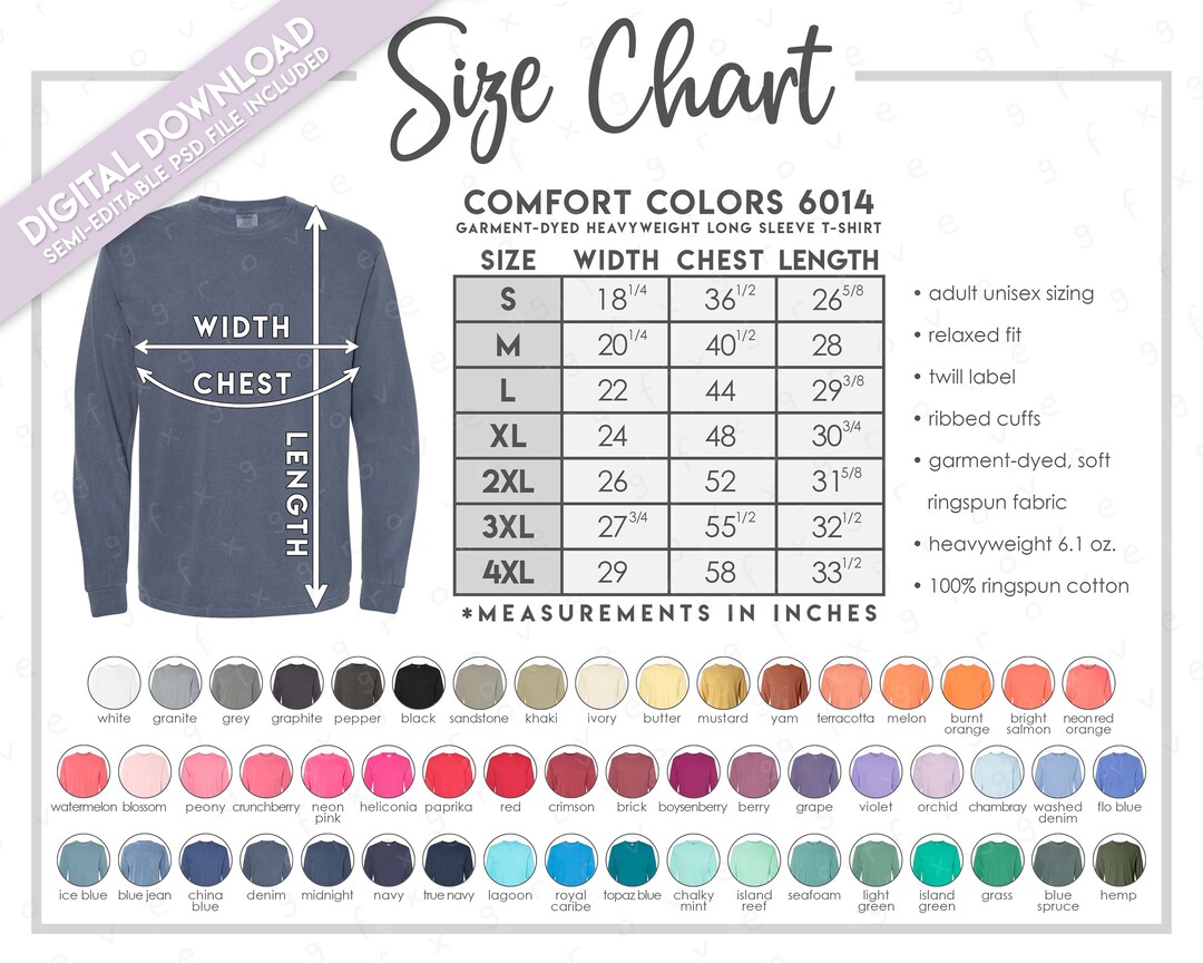 Semi-editable Comfort Colors 6014 Size Color Chart Comfort Colors Long ...