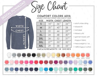 Semi-Editable Comfort Colors 6014 Size + Color Chart • Comfort Colors Long Sleeve Garment-Dyed T-Shirt • 6014 Size Chart • CC6014