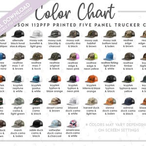 May include: A color chart for Richardson 112PFP printed five-panel trucker caps, displaying forty-eight variations in diverse camouflage patterns and solid colors with mesh backs, including text labels for each specific colorway and style.