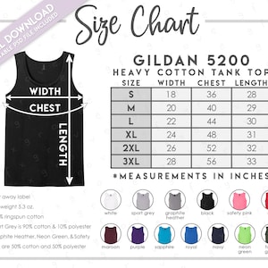 Tabla de tallas semieditable Gildan 5200 + Tabla de colores • Tabla de tallas de camisetas sin mangas de algodón grueso Gildan • Tabla de colores 5200 • Tabla de tallas G520
