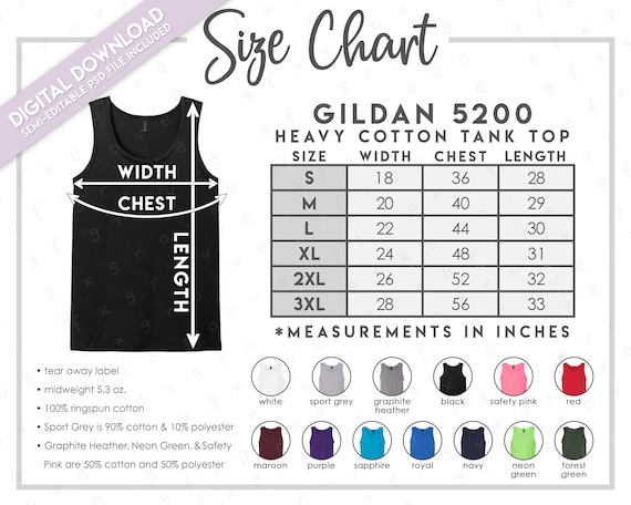 Semi-editable Gildan 5200 Size Chart + Color Chart • Gildan Heavy