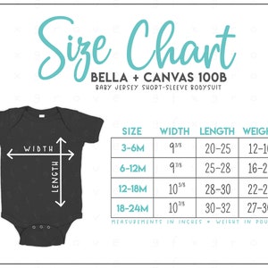 Bella + Canvas 100B Baby Bodysuit Size Chart • Bella Canvas Bodysuit Size Chart • Bella Canvas Size Chart • BC100B