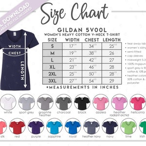 Tabla de tallas semieditable Gildan 5V00L + Tabla de colores • Tabla de tallas de camisetas de cuello en V para mujer • Tabla de colores G500VL • G500L • G5V00