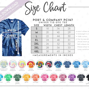Op de afbeelding: Maattabel voor een unisex tie-dye T-shirt. De tabel toont de breedte, borst en lengte maten in inches voor maten S tot 4XL. De tabel bevat ook informatie over de stof en het tie-dye proces. De afbeelding toont een verscheidenheid aan tie-dye patronen, waaronder waterverf regenboog, pastel regenboog, neon regenboog, blaze regenboog, USA regenboog, oceaan regenboog, marineblauw, koninklijk blauw, lichtblauw, turquoise, kelly, bosgroen, goud, oranje, roze, rood, donkerrood, paars, zwart en zwarte galaxie spiraal.