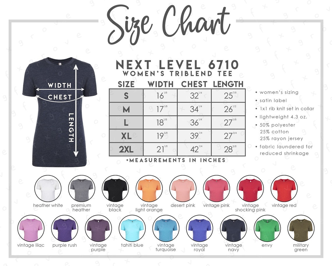 Next Level 6710 Size Color Chart 2 Versions Included With & - Etsy