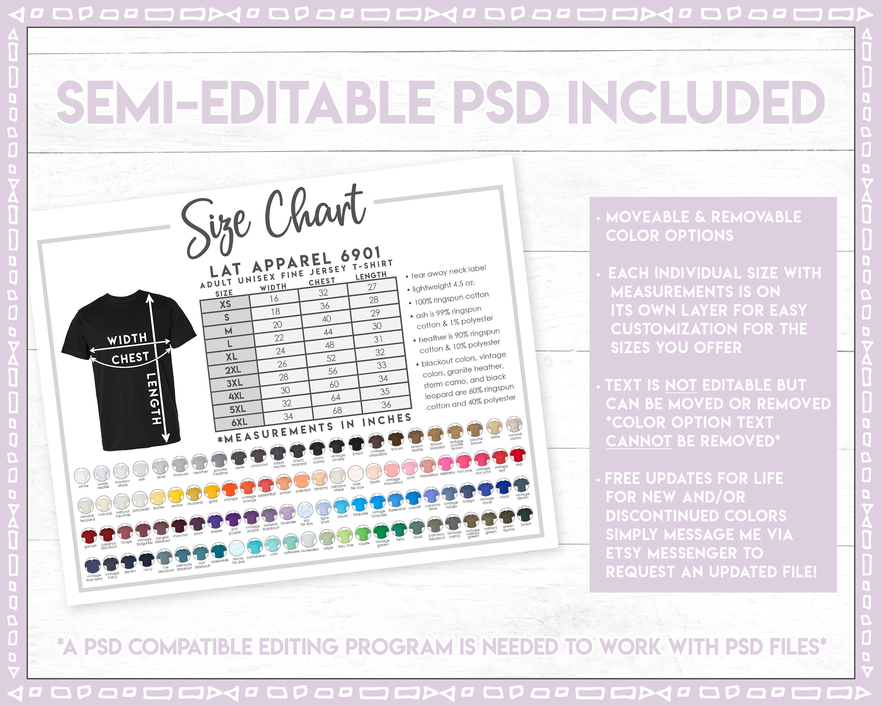 Semi Editable LAT Apparel 6901 Size + Color Chart • LAT Men's Fine