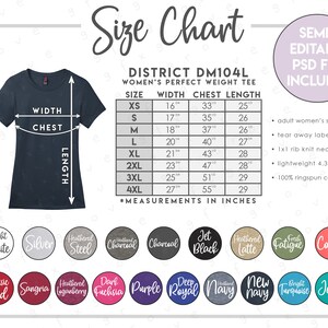 Tabla de tallas y colores semieditable District DM104L • Tabla de tallas de camisetas District Perfect Weight para mujer • Tabla de tallas de camisetas District para mujer