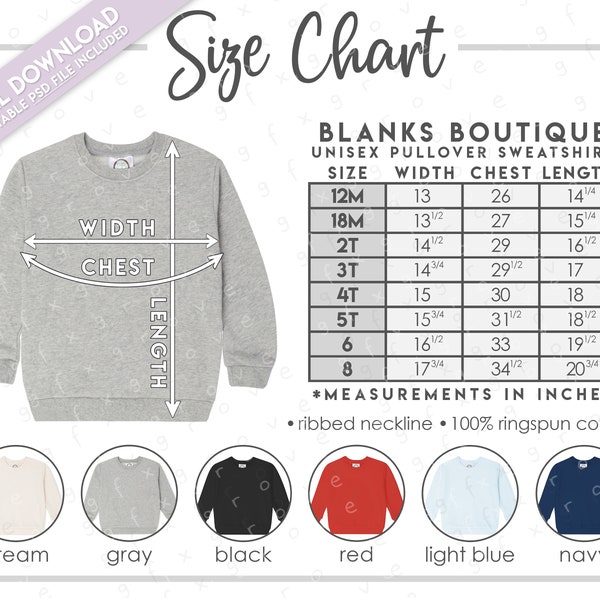 Semi-Editable Blanks Boutique Unisex Pullover Sweatshirt Size + Color Chart • Blanks Boutique Boys Sweatshirt Size Chart • PSD