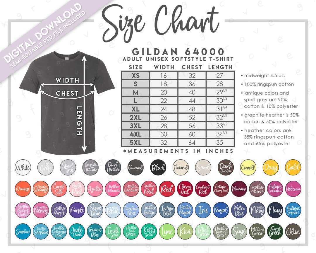 Semi-editable Gildan G640 Size Chart Color Chart Gildan Softstyle T ...