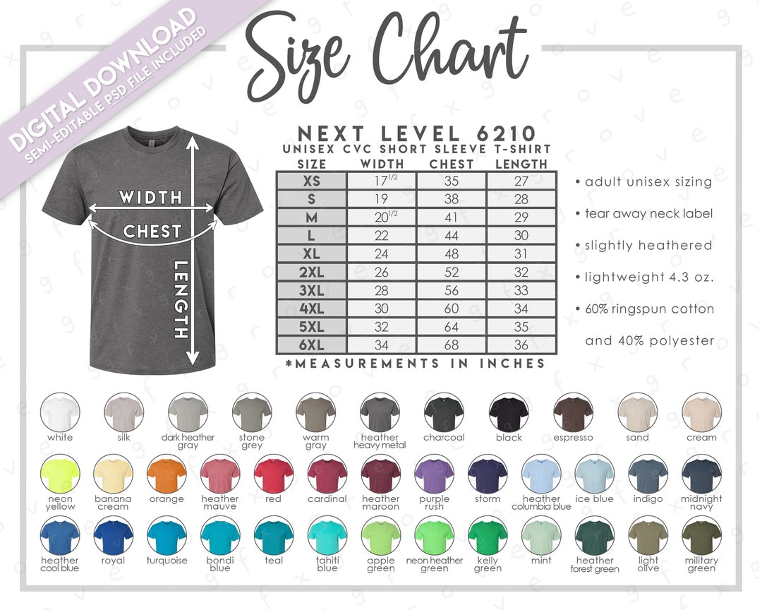 Semi-editable Next Level 6210 Size Color Chart Next Level CVC T-shirt ...