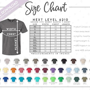 Semi-Editable Next Level 6210 Size + Color Chart • Next Level CVC T-Shirt Size Chart • NL6210 • 6210 Color Chart