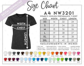 Semi-Editable A4 NW3201 Size + Color Chart • A4 Womens Cooling Performance T-Shirt • NW3201 Color Chart • NW3201 Size Chart • A4 Performance