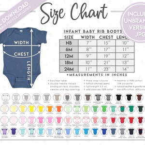 Puede incluir: Tabla de tallas para bodies de beb&eacute; de punto de canal&eacute;, que muestra las medidas en pulgadas para las tallas NB a 24M. La tabla incluye las medidas de ancho, pecho y largo. Se muestra un body azul con las medidas etiquetadas. Debajo de la tabla de tallas, se muestra una tabla de colores de diferentes colores de bodies.