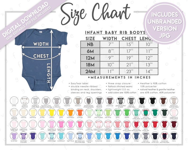 Puede incluir: Tabla de tallas para bodies de beb&eacute; de punto de canal&eacute;, que muestra las medidas en pulgadas para las tallas NB a 24M. La tabla incluye las medidas de ancho, pecho y largo. Se muestra un body azul con las medidas etiquetadas. Debajo de la tabla de tallas, se muestra una tabla de colores de diferentes colores de bodies.