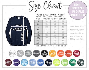 Semi-modifiable Port & Company PC55LS - Tableau des tailles + couleurs • Tableau des tailles des t-shirts unisexes à manches longues et manches longues • Tableau des tailles PC 55LS • PC55LS